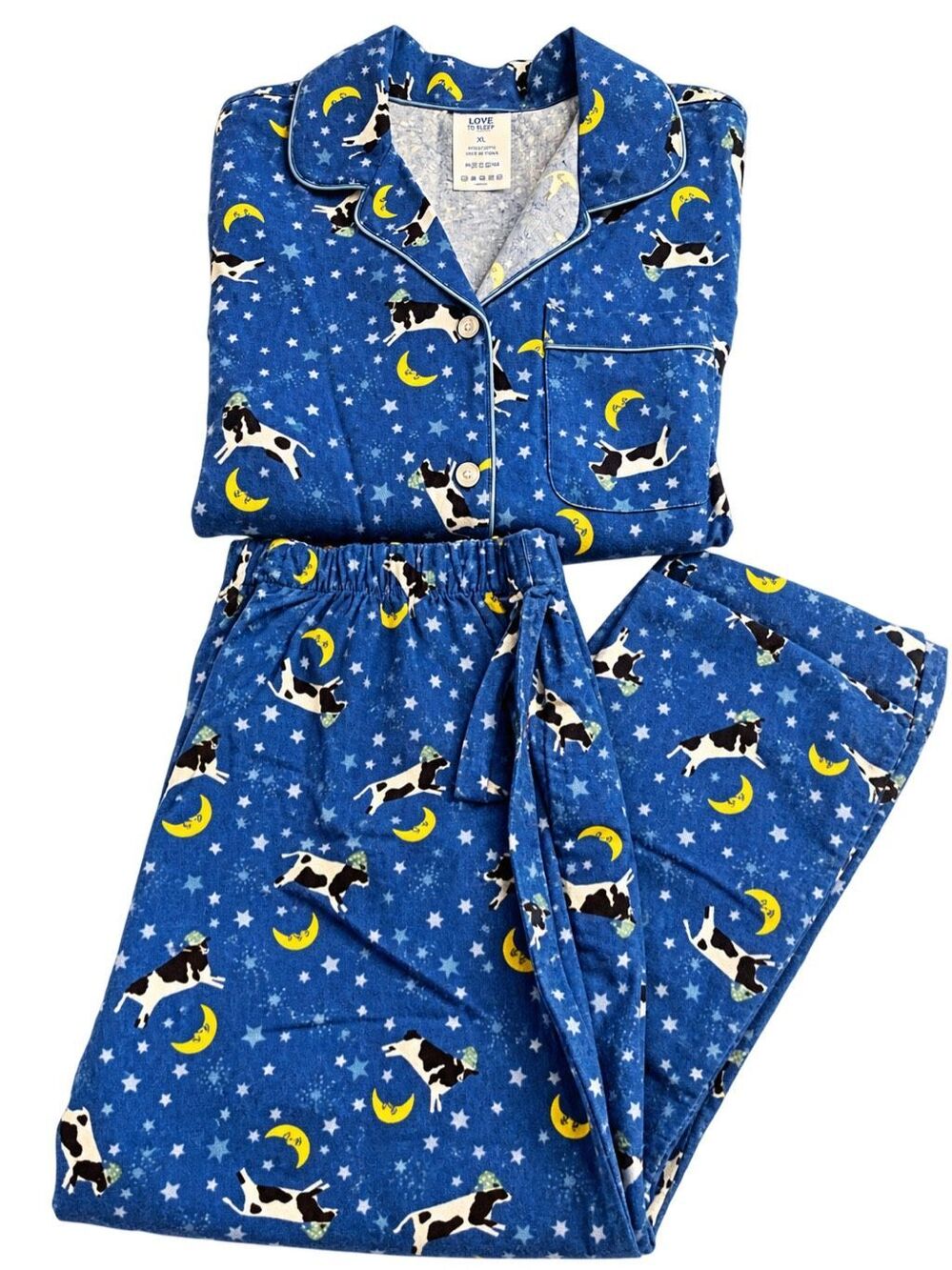 Lands End Flannel Evening Blue Starry Night Cow Pajamas Size Small